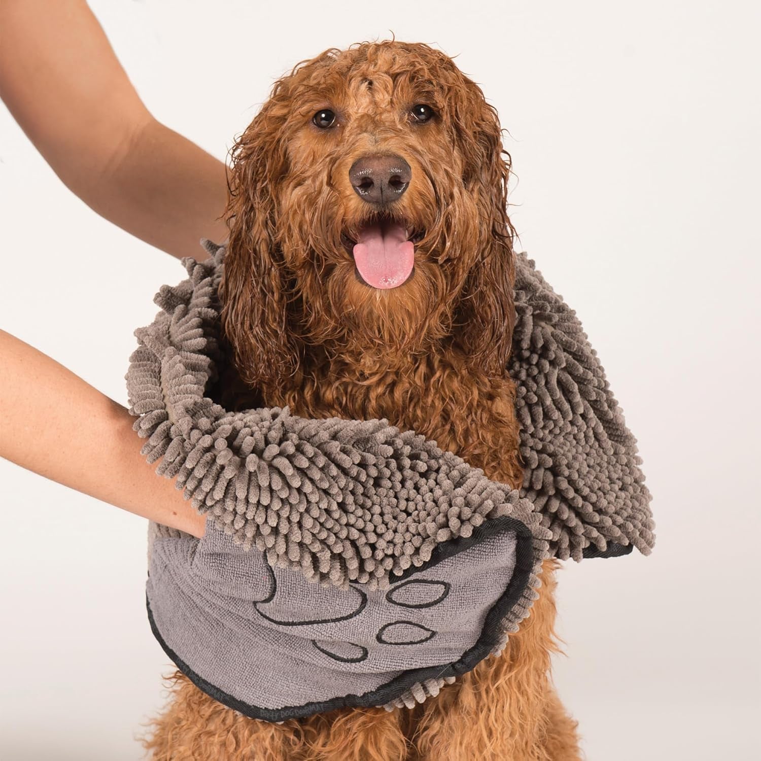 Fast-Drying Microfiber Dog Bath Towel with Dual Hand Pockets and Elastic - Super Absorbent and Machine Washable - Grey