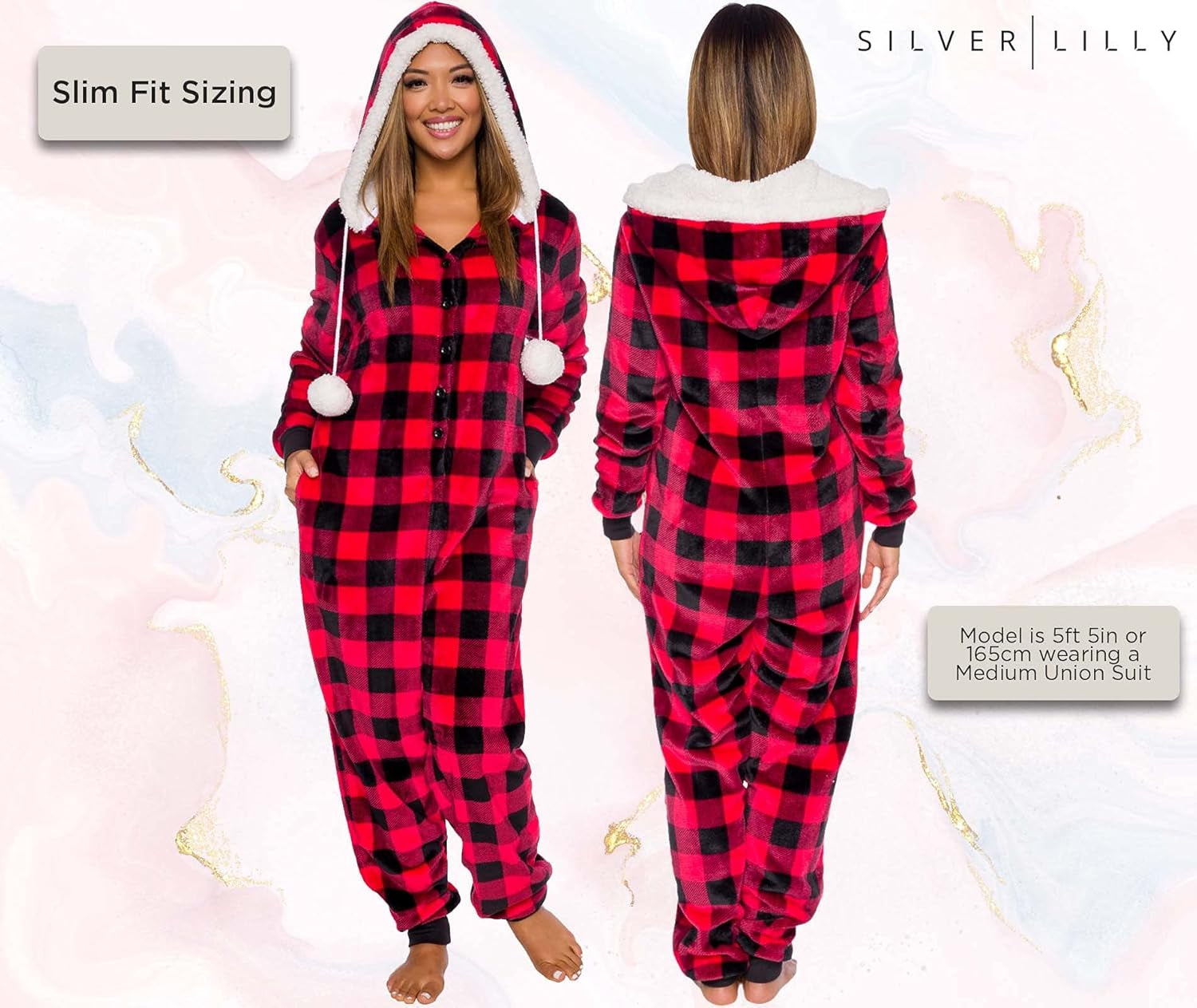 Womens Hooded Buffalo Plaid One Piece Pajamas with Sherpa Trim - Warm Plush Jumpsuit