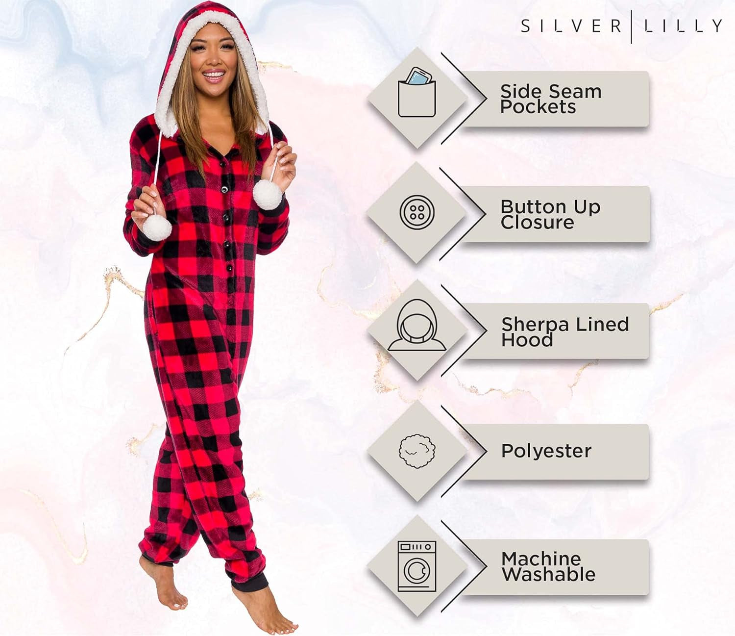 Womens Hooded Buffalo Plaid One Piece Pajamas with Sherpa Trim - Warm Plush Jumpsuit