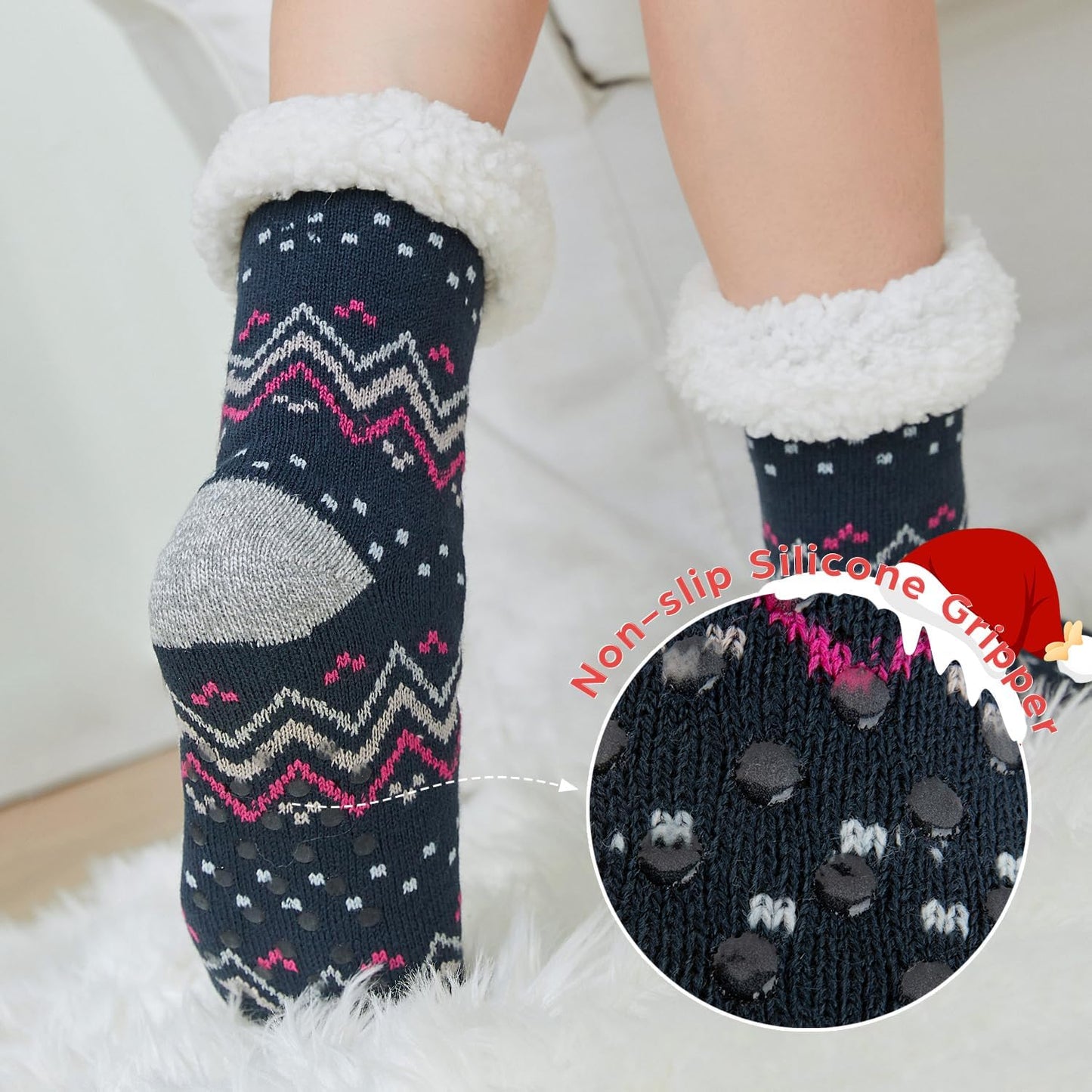 Sock Slippers for Women - 2 Pack Non Slip Socks - Fuzzy Socks Warm Socks with Grippers Sherpa Fleece Lined Thermal