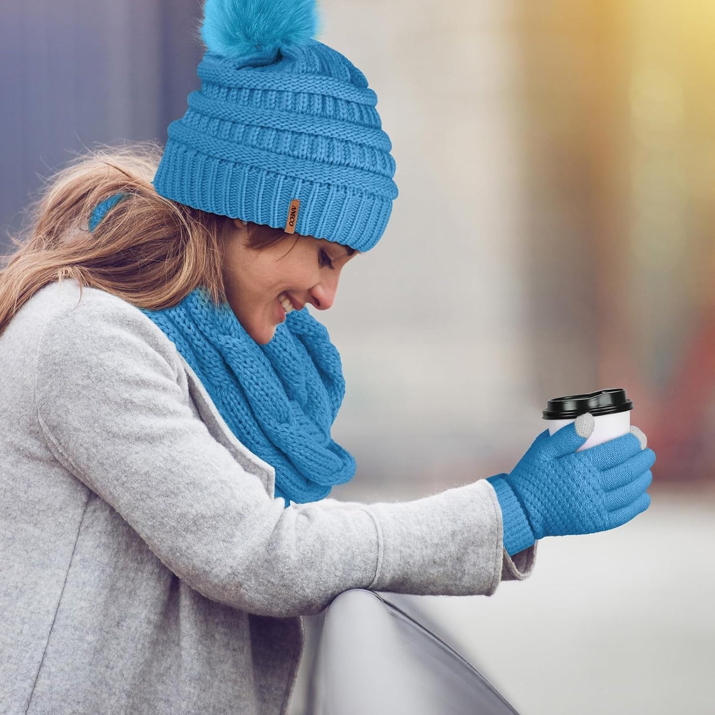 Women's Winter Warm Set: Knitted Beanie Hat with Fur Pompoms, Circle Loop Scarf, and Touch Screen Gloves