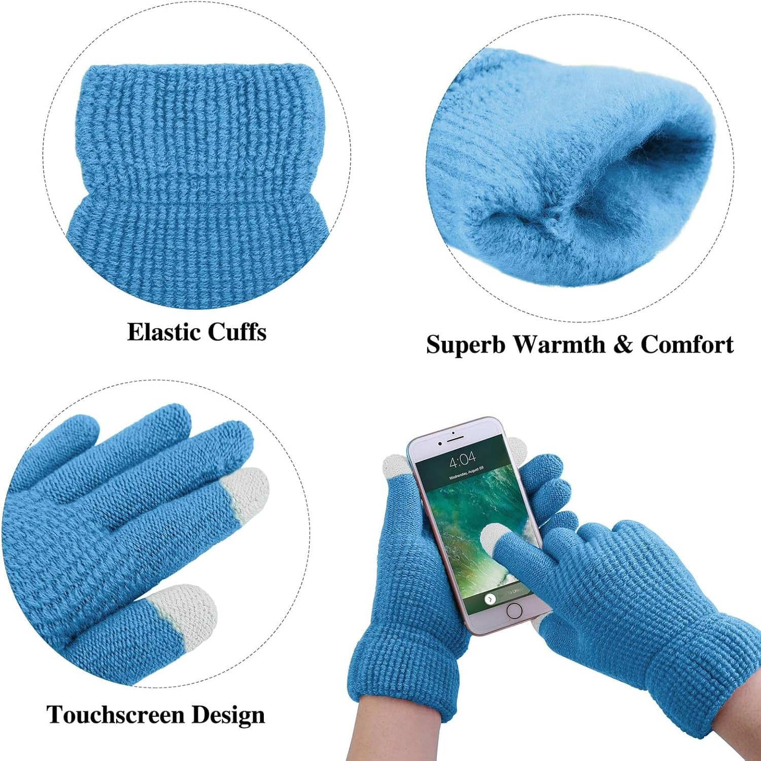 Women's Winter Warm Set: Knitted Beanie Hat with Fur Pompoms, Circle Loop Scarf, and Touch Screen Gloves