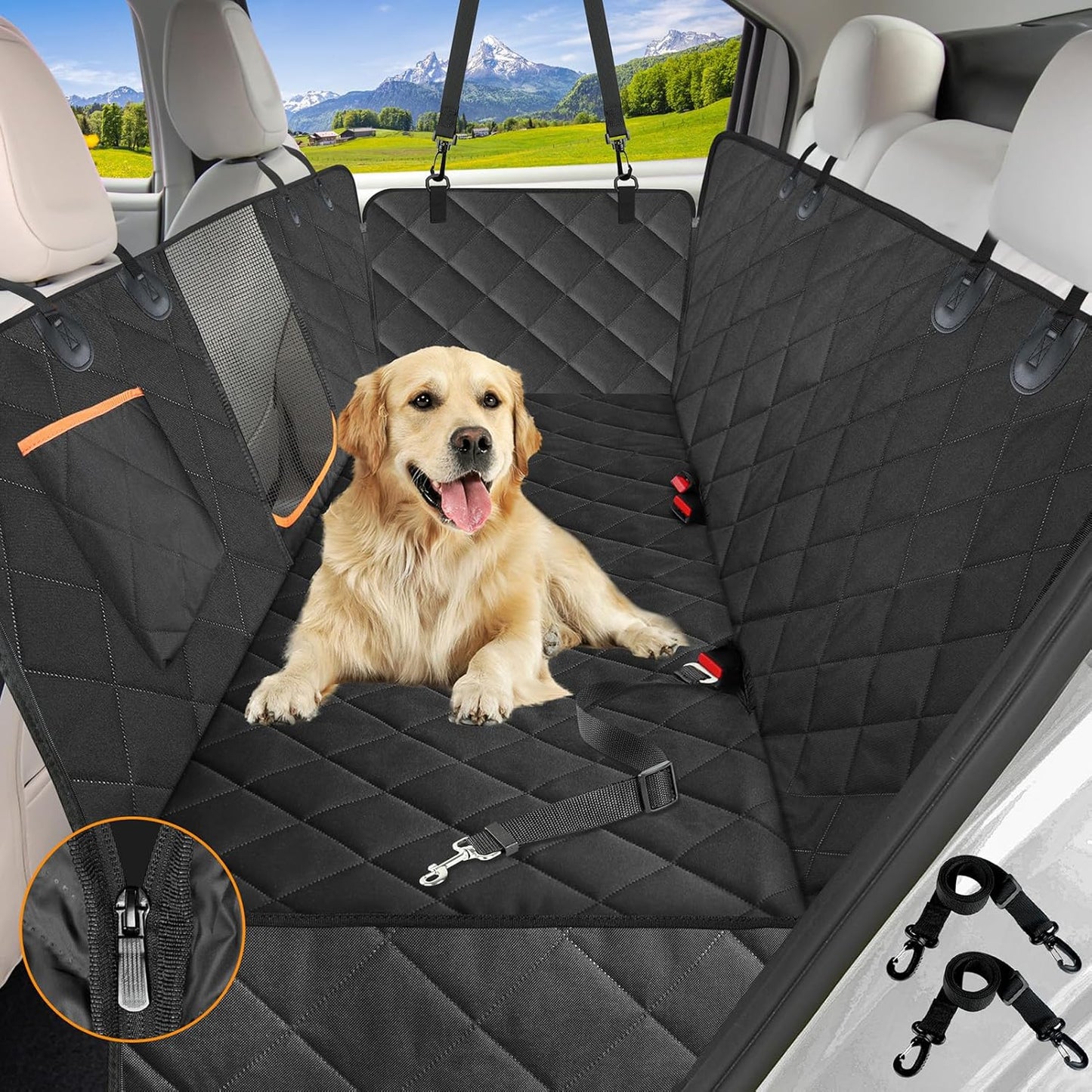 Waterproof Dog Car Seat Cover with Hammock Design and Mesh Window - Heavy Duty Anti-Scratch Nonslip Protector for Back Seats of Cars, Trucks, and SUVs