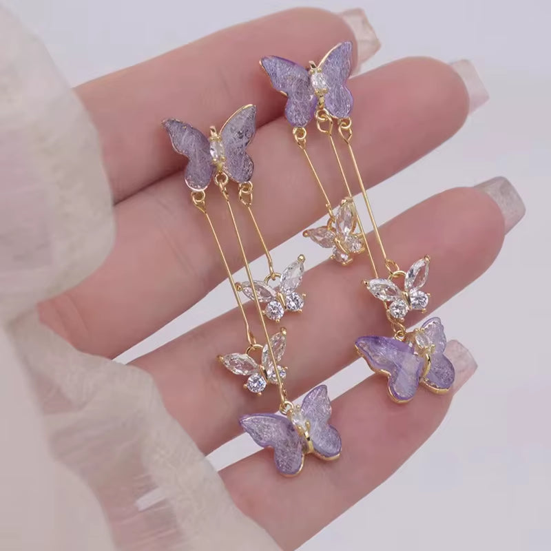 Purple Crystal Butterfly Long Tassel Stud Earrings